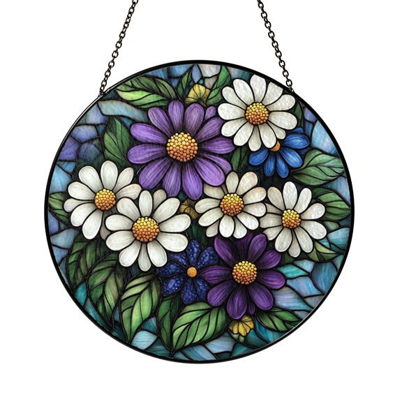 Aster Flowers Stained Glass Suncatcher Window Hanging, Charming Botanical Floral Home Decor Gift