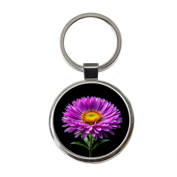 Aster Purple Flower Photo Metal Round Keychain