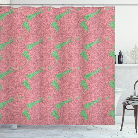 Aster Shower Curtain, Flowers Beauty Essence of Spring Retro Art Petals Wedding Bridal Theme, Fabric Bathroom Set with Hooks, 69W X 84L Inches Extra Long, Shamrock Green Coral, by Ambesonne