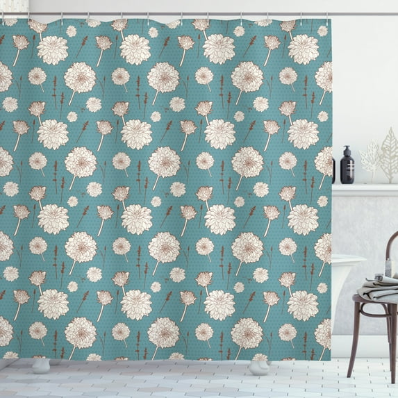 Aster Shower Curtain, Vintage Flower Pattern Botanical Herbs Branches on Polka Dots Background, Fabric Bathroom Set with Hooks, 69W X 70L Inches, Blue Off White Brown, by Ambesonne