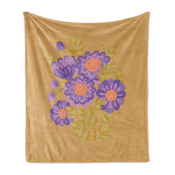 Aster Soft Flannel Fleece Throw Blanket, Bouquet of Flowers Fall Blossom on Brown Shaded Background, Cozy Plush for Indoor and Outdoor Use, 70" x 90", Blue Violet Pale Brown, by Ambesonne