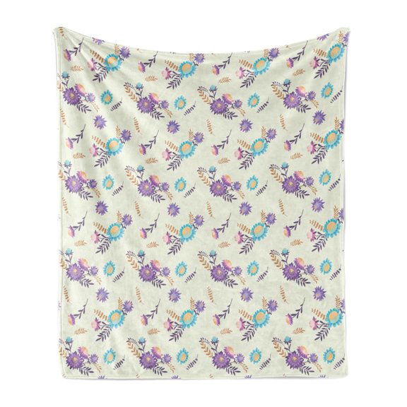 Aster Soft Flannel Fleece Throw Blanket, Hand Drawn Composition of Aster and Foliage Silhouettes Countryside Flora Pattern, Cozy Plush for Indoor and Outdoor Use, 60" x 80", Multicolor, by Ambesonne