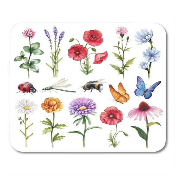 Aster Watercolor of Wild Flowers and Insect Daisy Butterfly Poppy Hand Mousepad Mouse Pad Mouse Mat 9x10 inch