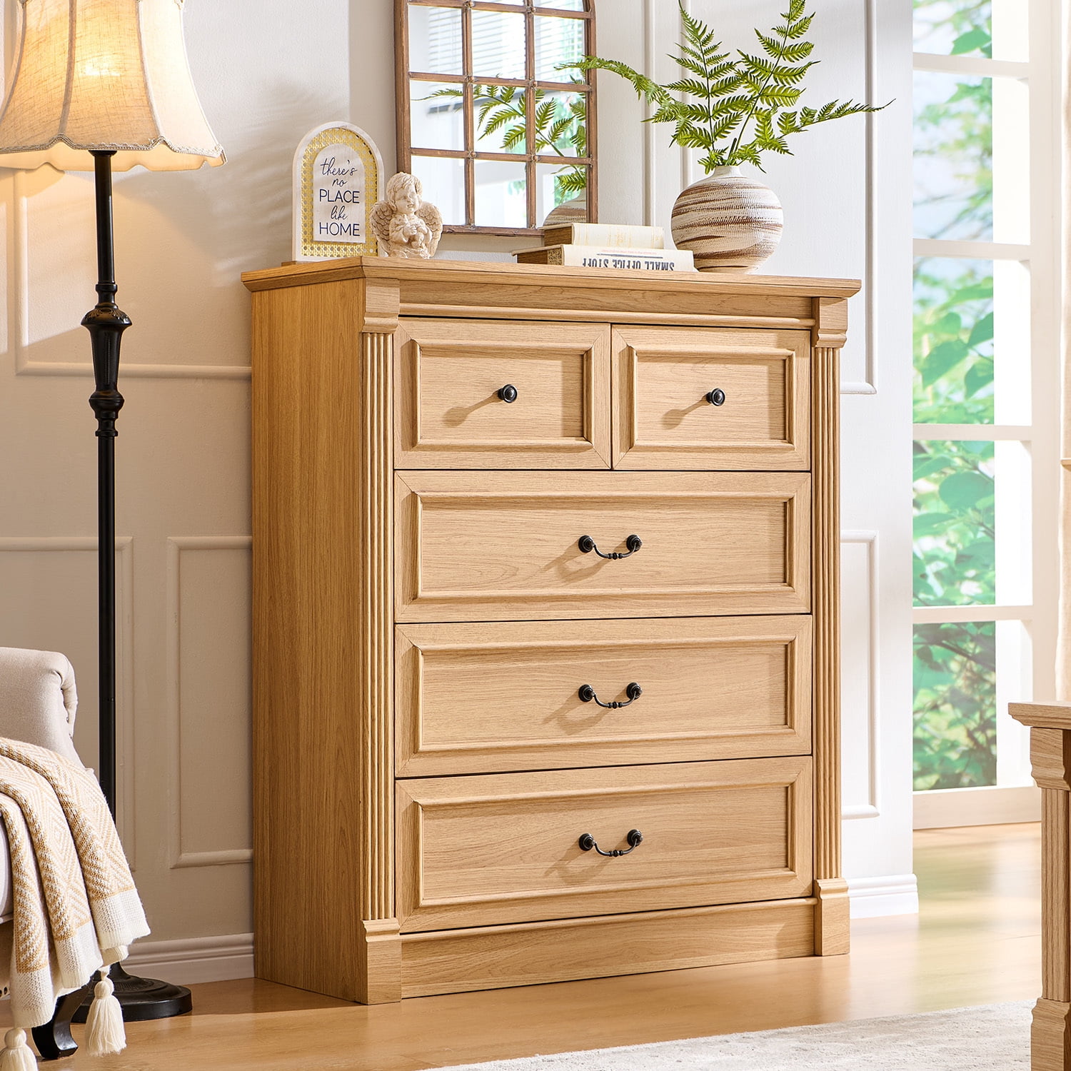 AsterOutdoor Farmhouse 5 Drawers Dresser, Tall Chests of Drawers w/Roman Column, Large Storage Dressers Organizer for Bedroom, Hallway, Living Room