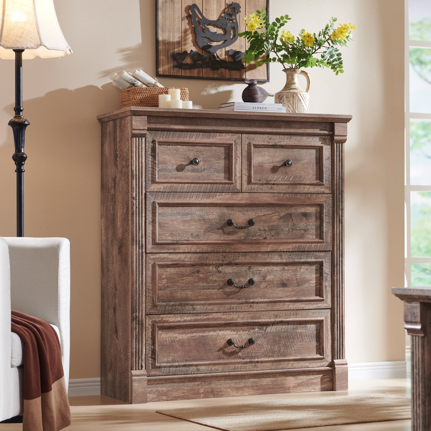 AsterOutdoor Farmhouse 5 Drawers Dresser, Tall Chests of Drawers w/Roman Column, Large Storage Dressers Organizer for Bedroom, Hallway, Living Room