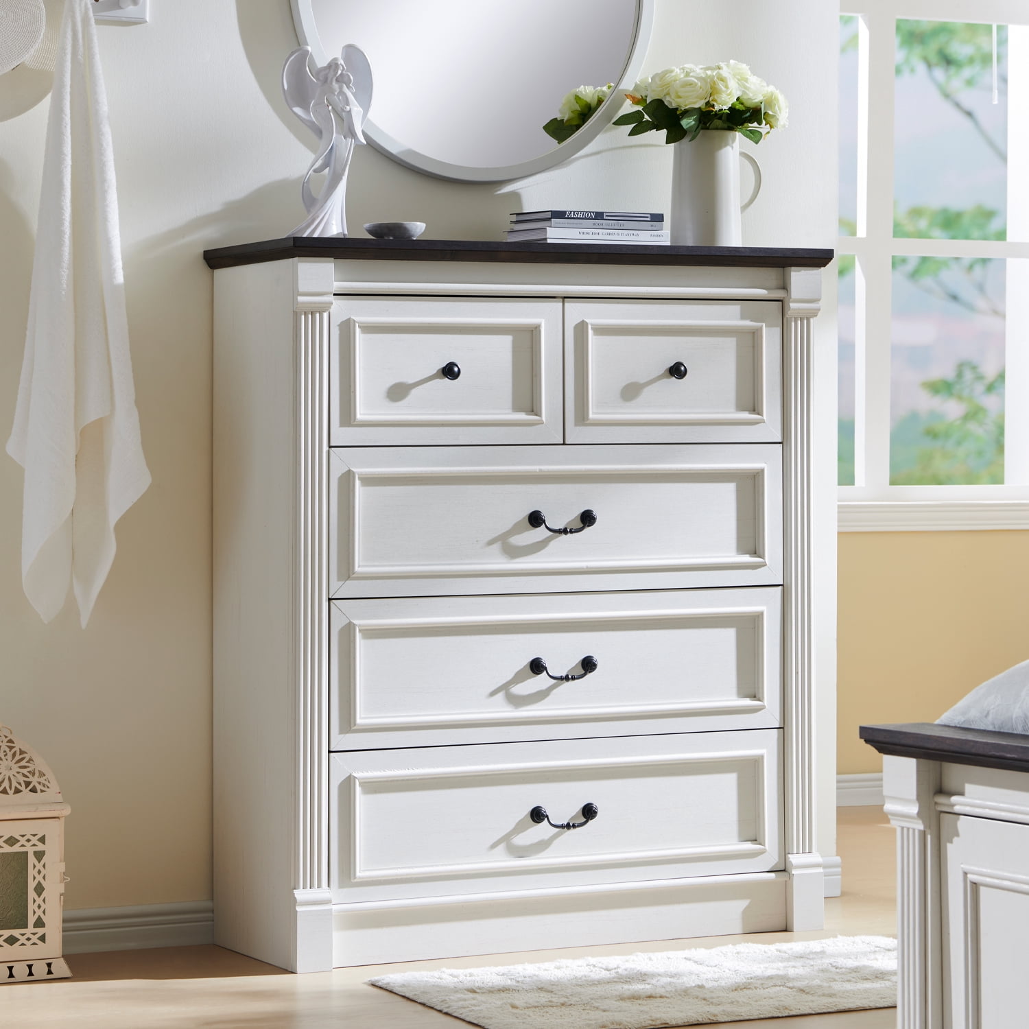 AsterOutdoor Farmhouse 5 Drawers Dresser, Tall Chests of Drawers w/Roman Column, Large Storage Dressers Organizer for Bedroom, Hallway, Living Room