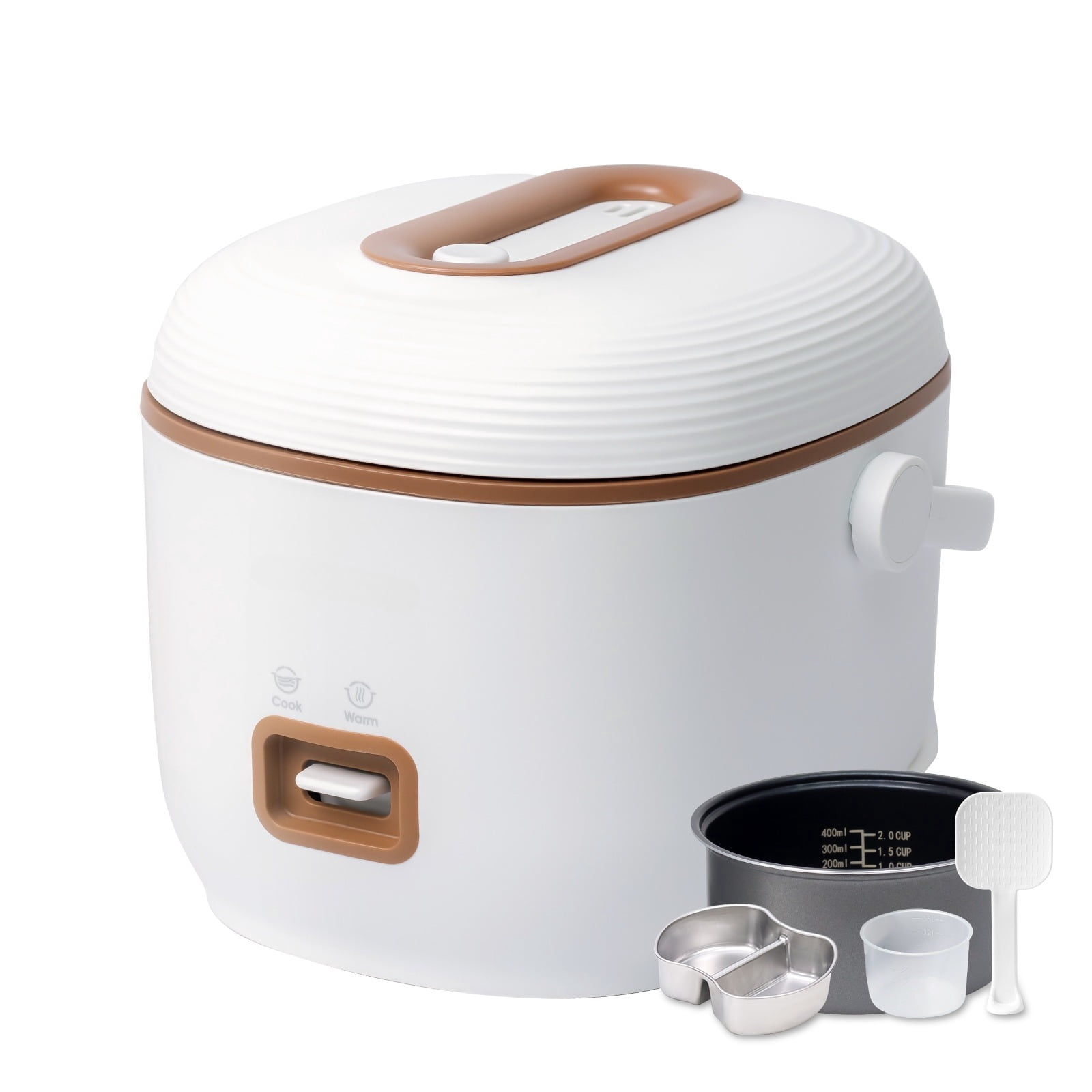 AsterOutdoor Mini Rice Cooker 2-Cup Capacity, Non-Stick Pot, Multi-Function Food Steamer, Compact for Dorm, Office, RV, Baby Meals (Brown)