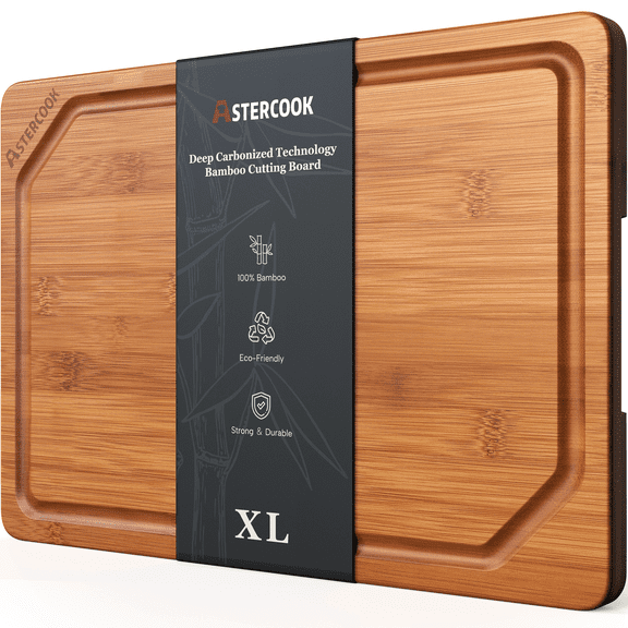 Astercook Deep Carbonized Bamboo Cutting Board, 12" x 17" Large Wood Chopping Board for Kitchen with Juice Groove & Side Handles, Knife-Friendly Serving Charcuterie Board for Meat, Vegetables, Fruit