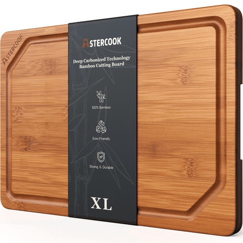 Astercook Deep Carbonized Bamboo Cutting Board, 12" x 17" Large Wood Chopping Board for Kitchen with Juice Groove & Side Handles, Knife-Friendly Serving Charcuterie Board for Meat, Vegetables, Fruit