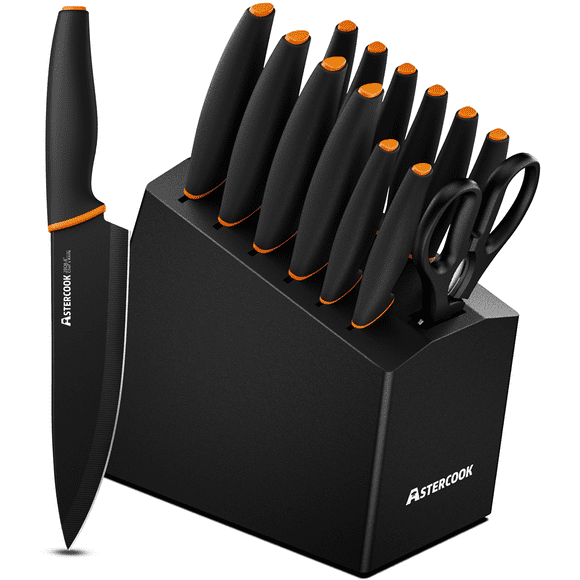 Astercook 14-Piece Kitchen Knife Set with Block, High Carbon German Stainless Steel, Built-in Sharpener, Dishwasher Safe, Black
