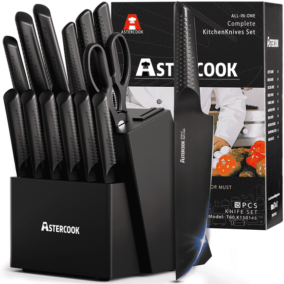 Astercook 14-Piece Kitchen Knife Set with Block & Sharpener, German Stainless Steel Knife Block Set, Full Tang Knives Sets, One-Piece Design, Anti-Slip Ergonomic Handles & Dishwasher Safe, Black