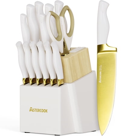 Astercook 14-Pieces Knife Set, Full Tang Kitchen Knife Sets with Block and Built-in Sharpener, Healthy Gold Titanium Coating Knives Block Set, German Stainless Steel Dishwasher Safe (Gold)