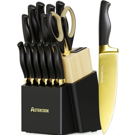 Astercook 14-Pieces Knife Set, Full Tang Kitchen Knife Sets with Block and Built-in Sharpener, Healthy Gold Titanium Coating Knives Block Set, German Stainless Steel Dishwasher Safe (Black)
