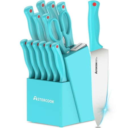 Astercook 15 Piece Kitchen Knife Set, High Carbon German Stainless Steel with Built-in Sharpener, Dishwasher Safe, Sharp & Rust Resistant Black Chef Knives Block Sets Blue