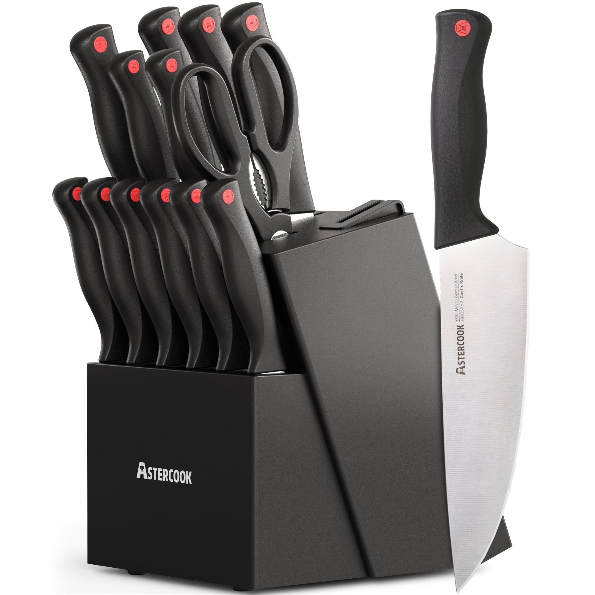 Astercook Knife set, 15-Piece Kitchen Knife Set wit Built-in Sharpener, High Carbon German Stainless Steel Knives Block Sets, Ultra Sharp & Rust Resistant, Dishwasher Safe