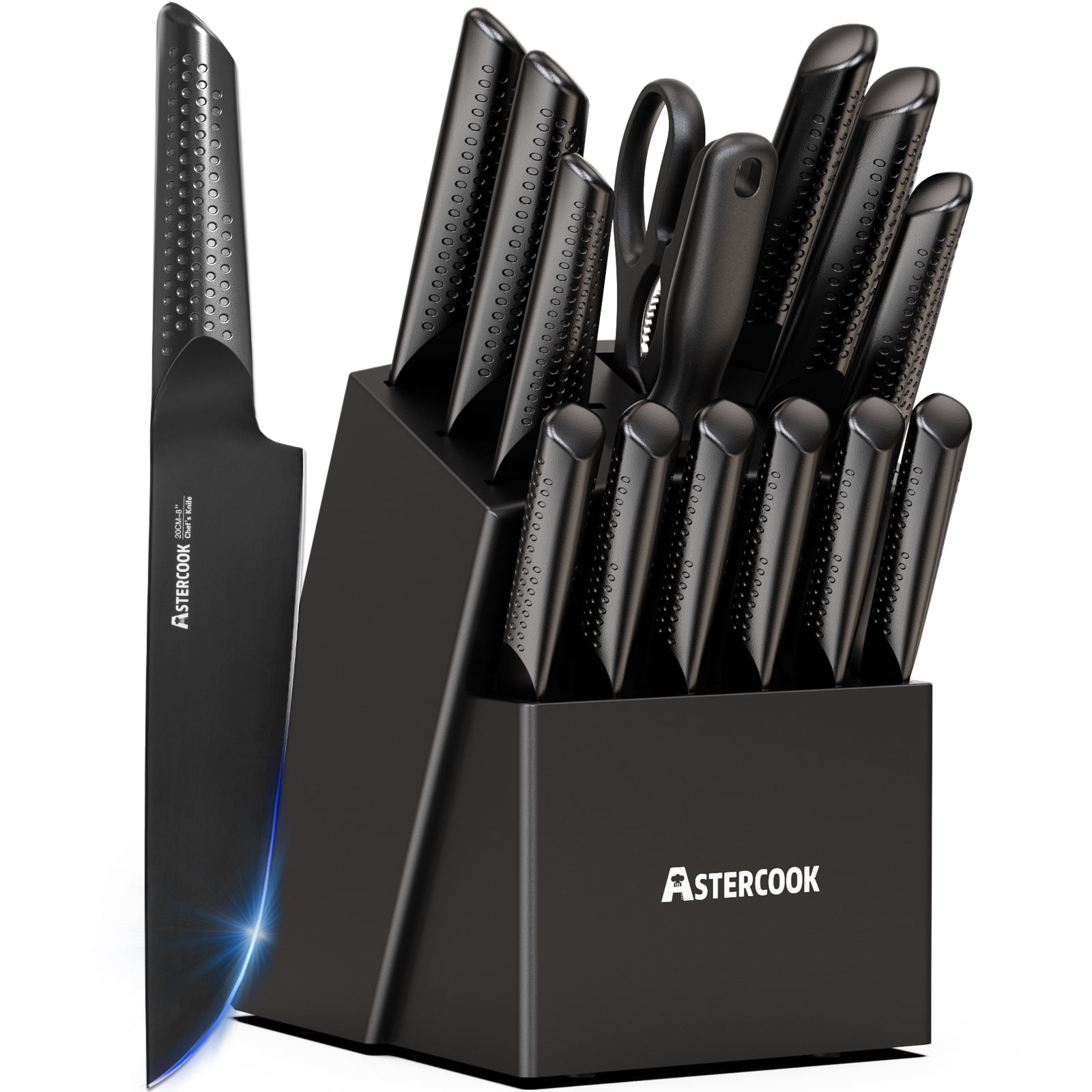 Astercook 14-Piece Kitchen Knife Set with Block Sharpener, Full Tang Knives Sets German Stainless Steel, One-Piece Design, Dishwasher Safe, Black