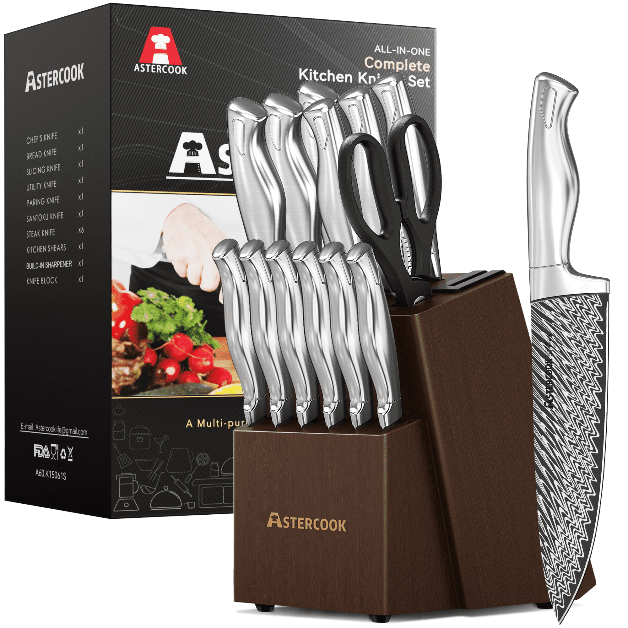 Astercook 14 Piece Kitchen Knife Set with Block an