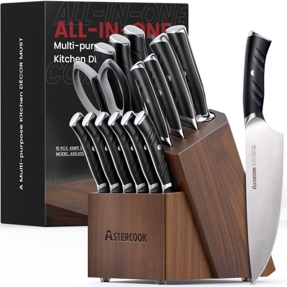 Astercook 14-Piece Kitchen Knife Set with Block & Bulid-in Sharpener, German 1.4116 Stainless Steel Knife Block Set, Full Tang Knives Sets, Anti-slip Ergonomic Handle & Dishwasher Safe Black