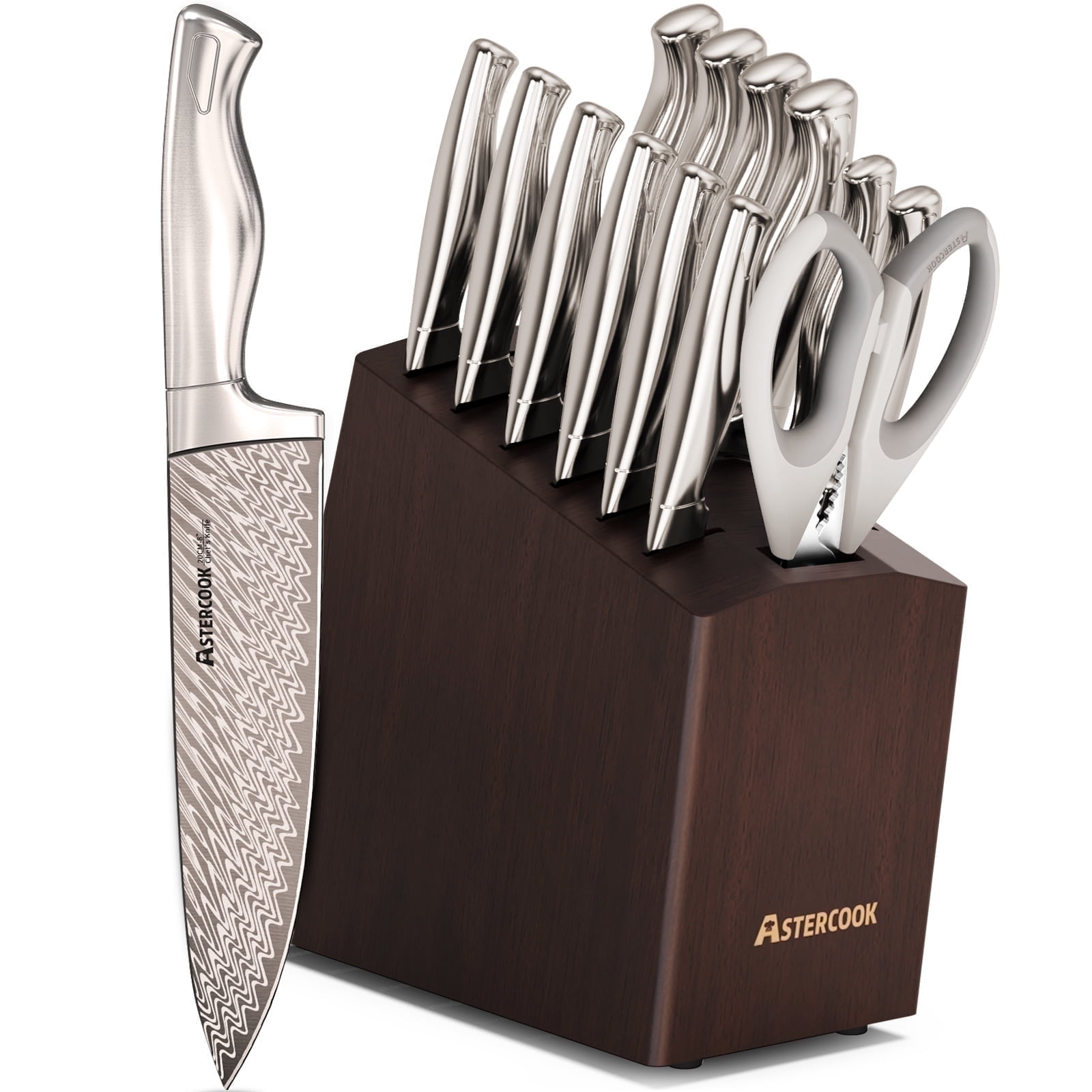Astercook 15-Piece Knife Set, Full Tang Kitchen Knife Sets with Block and Built-in Sharpener, German Stainless Steel Knives Block Sets Dishwasher Safe