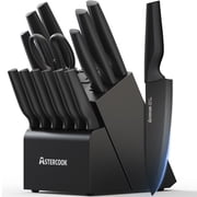 Astercook 15-Piece Kitchen Knife Set with Block & Built-in Sharpener, Stainless Steel Knives Set with Anti-Rust Coating, Ultra Sharp & Rust Resistant Kitchen Knives, Dishwasher Safe Black