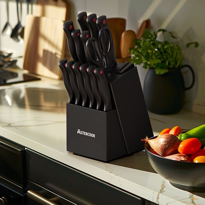 Astercook 15 Piece Knife Set with Sharpener Block - German Stainless Steel, Dishwasher Safe Kitchen Knives with Built-In Sharpener, Black