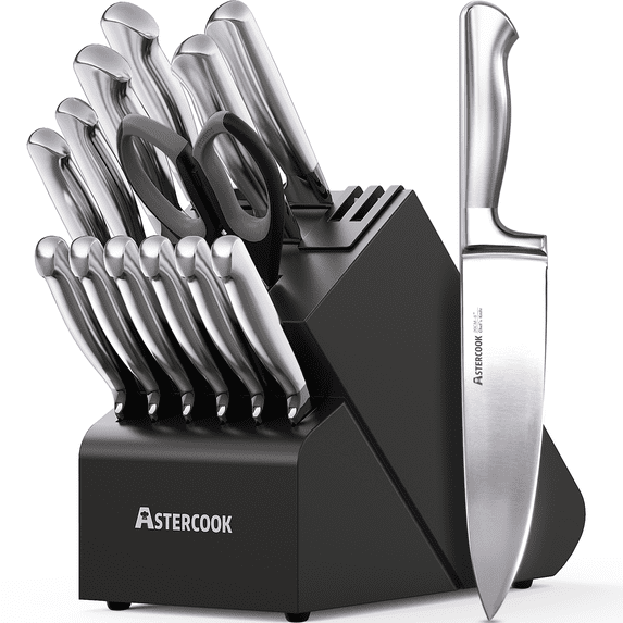 Astercook 16-Piece Kitchen Knife Set with Dual Built-in Sharpener, Full Tang Design Knives Set with Ergonomic Steel Handles, Razor Sharp & Rust-Resistant Knife Block Sets, Midnight Black