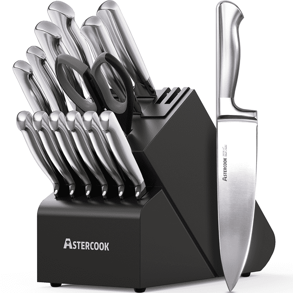 Astercook 16-Piece Kitchen Knife Set with Dual Built-in Sharpener, Full Tang Design Knives Set with Ergonomic Steel Handles, Razor Sharp & Rust-Resistant Knife Block Sets, Midnight Black