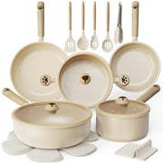 Astercook 17-Piece Ceramic Cookware Set with Dog Paw Wooden Handles, Nonstick Pots and Pans Set for Home & Camping, Induction Compatible and Dishwasher Safe, Perfect Gift for Pet Lovers & Families