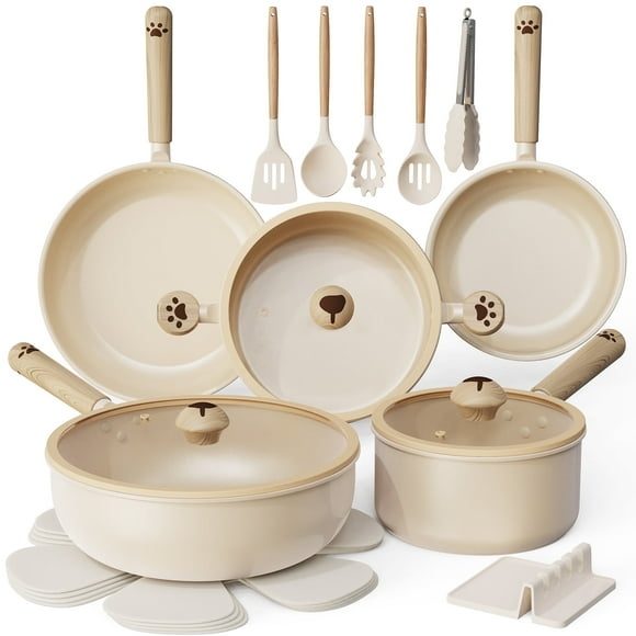 Astercook 17-Piece Ceramic Cookware Set with Dog Paw Wooden Handles, Nonstick Pots and Pans Set for Home & Camping, Induction Compatible and Dishwasher Safe, Perfect Gift for Pet Lovers & Families