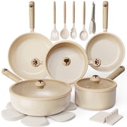 Astercook 17-Piece Ceramic Cookware Set with Dog Paw Wooden Handles, Nonstick Pots and Pans Set for Home & Camping, Induction Compatible and Dishwasher Safe, Perfect Gift for Pet Lovers & Families