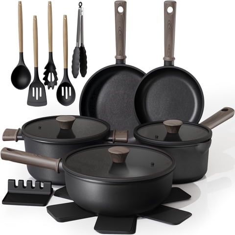 Astercook 18-Piece Pots and Pans Set, Black Titanium Induction Nonstick Cookware Set, Oven Safe to 480°F, Induction Compatible & Dishwasher Safe, Kitchen Cooking Set for RV Trips, Camping and Picnic