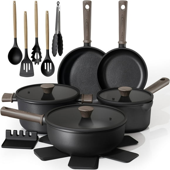 Astercook 18-Piece Pots and Pans Set, Black Titanium Induction Nonstick Cookware Set, Oven Safe to 480F, Induction Compatible & Dishwasher Safe, Kitchen Cooking Set for RV Trips, Camping and Picnic