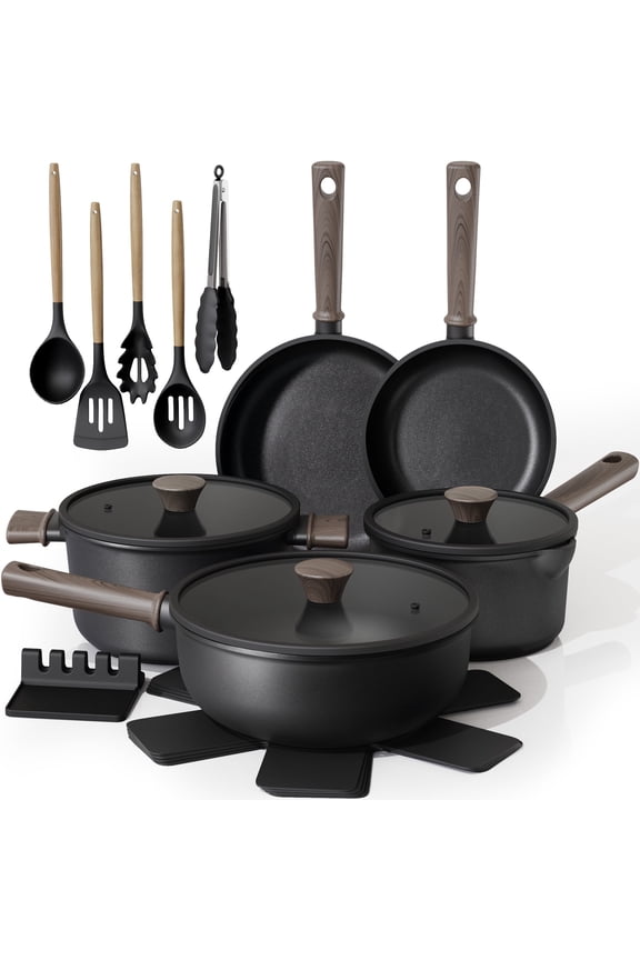 18-Piece Pots and Pans Set, Black Titanium Induction Nonstick Cookware Set, Oven Safe to 480F, Induction Compatible & Dishwasher Safe, Kitchen Cooking Set for RV Trips, Camping and Picnic