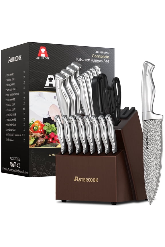 20 Pcs Kitchen Knife Set with Block, Full Tang Knives Sets German Stainless Steel, Built-in Sharpener, Dishwasher Safe
