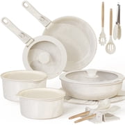 Astercook 20-Piece Pots and Pans Set, Ceramic Nonstick Cookware Set with Detachable Handles, Stackable Induction Cooking Set for Kitchen, RV and Camping, Dishwasher & Oven Safe, Cream White