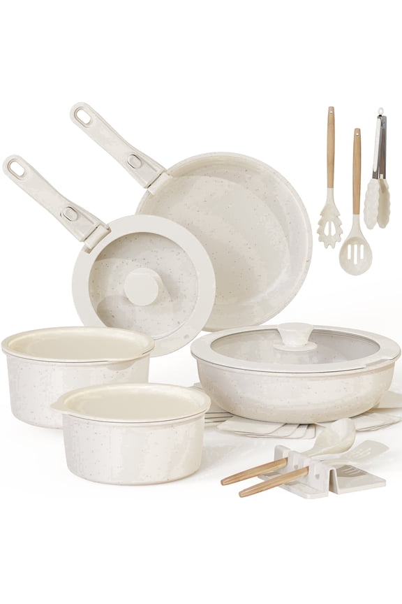 20-Piece Pots and Pans Set, Ceramic Nonstick Cookware Set with Detachable Handles, Stackable Induction Cooking Set for Kitchen, RV and Camping, Dishwasher & Oven Safe, Cream White