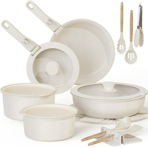 Astercook 20 Piece Ceramic Pots and Pans Set Non Stick, Cookware Set with Detachable Handle, Oven Safe, Induction Ready, Stackable RV Kitchen Cooking Set Removable Handles, Cream White