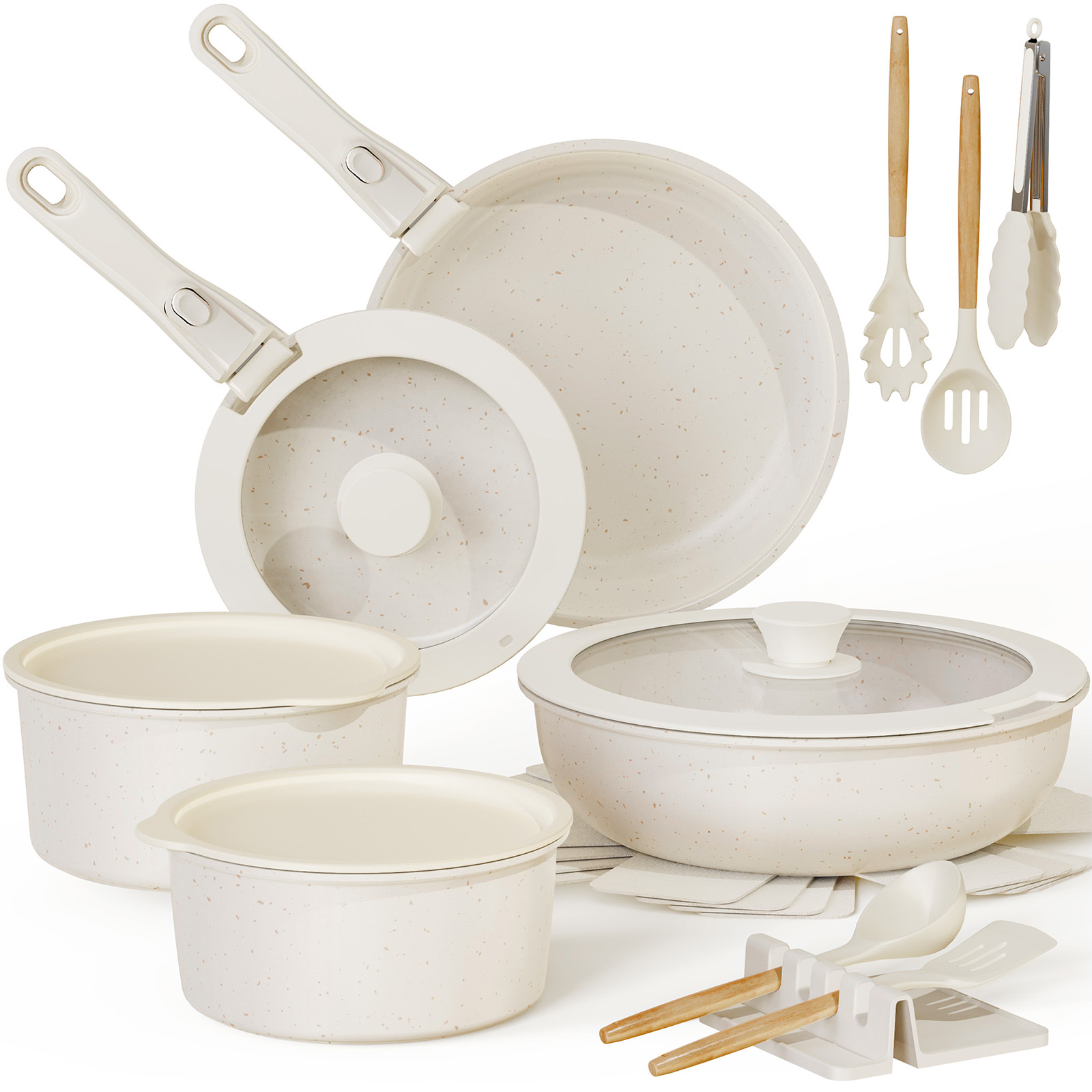 Astercook 21 Piece Ceramic Pots Pans Set Non Stick Cookware Detachable Handles Oven Safe Induction Ready Stackable RV Kitchen Cooking Set Cream White: What to Expect