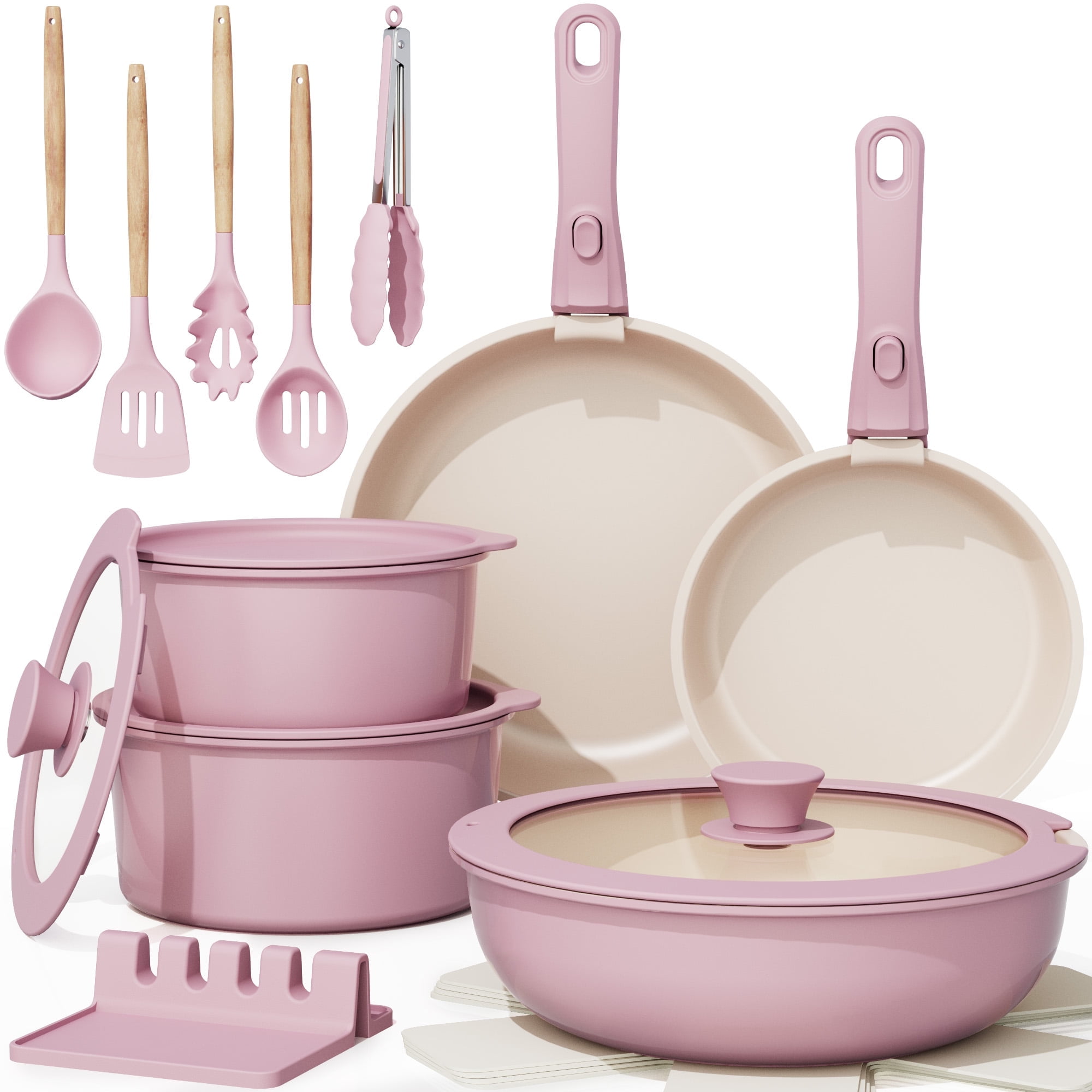 Astercook 20-Piece Ceramic Pots and Pans Set, Nonstick Cookware Set with Detachable Handles, Oven Safe to 480F, Induction Compatible, Stackable RV Kitchen Cooking Set, Pink