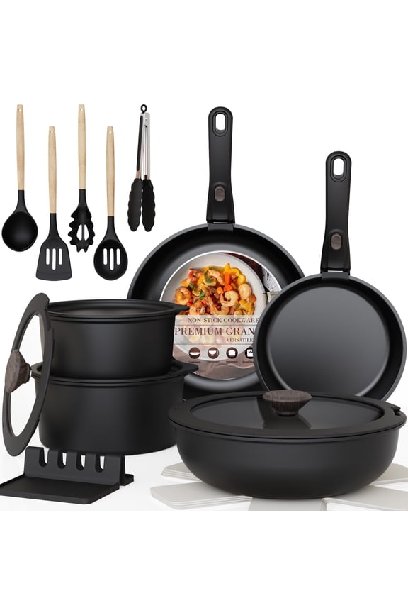 20-Piece Pots and Pans Set, Nonstick Cookware Set with Detachable Handles, Oven & Dishwasher Safe, Induction Compatible, Stackable RV Kitchen Cooking Set, Black