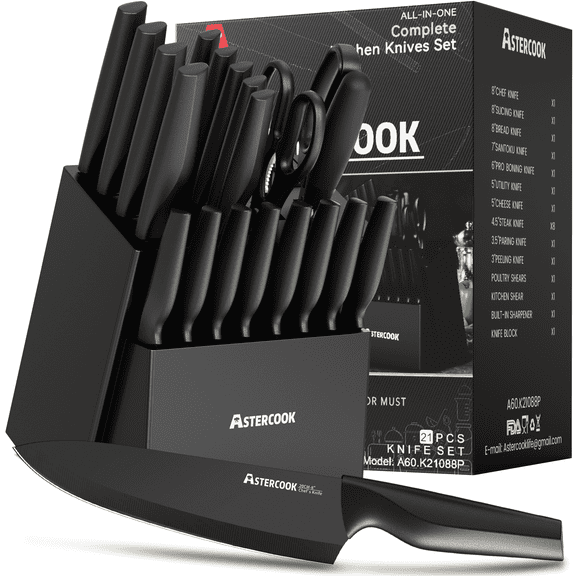 Astercook 20 Pieces Knife Set, Kitchen Knives Set with Built-in Sharpener,  Healthy Anti-Rust Coating & German Stainless Steel Knife Block Sets, Dishwasher Safe Black
