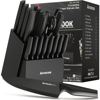 Astercook 20 Pieces Knife Set, Kitchen Knives Set with Built-in Sharpener, Healthy Anti-Rust Coating & German Stainless Steel Knife Block Sets, Dishwasher Safe Black
