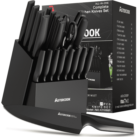 Astercook 20 Pieces Knife Set, Kitchen Knives Set with Built-in Sharpener, Healthy Anti-Rust Coating & German Stainless Steel Knife Block Sets, Dishwasher Safe Black