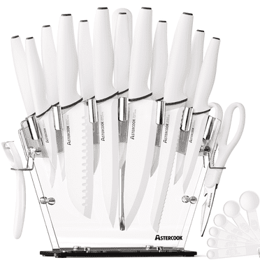 Astercook 21-Piece Knife Set, German Stainless Steel Kitchen Knives Sets with Acrylic Block & Sharpener. Features Sharp Blades, Anti-Slip Ergonomic Handles, Dishwasher Safe White