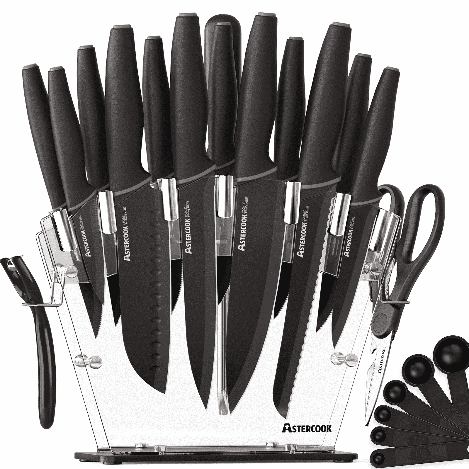 Astercook 21-Piece Knife Set, German Stainless Steel Kitchen Knives Sets with Acrylic Block & Sharpener. Features Sharp Blades, Anti-Slip Ergonomic Handles, Dishwasher Safe Black