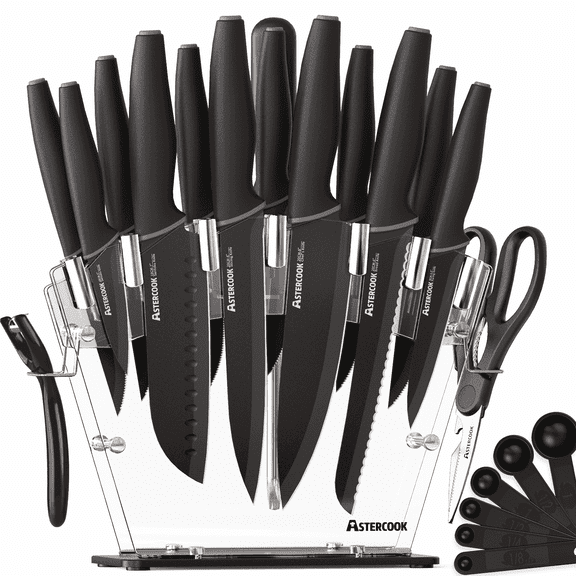 Astercook 21-Piece Knife Set, German Stainless Steel Kitchen Knives Sets with Acrylic Block & Sharpener. Features Sharp Blades, Anti-Slip Ergonomic Handles, Dishwasher Safe Black