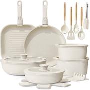 Astercook 22 Piece Pots and Pans Set Non Stick, Cookware Set with Detachable Handles, Oven Safe, Induction Ready, Stackable RV Kitchen Cooking Set, Cream White