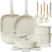Astercook 22 Piece Pots and Pans Set Non Stick, Cookware Set with Detachable Handles, Oven Safe, Induction Ready, Stackable RV Kitchen Cooking Set, Cream White