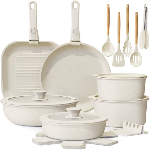 Astercook 22 Piece Pots and Pans Set Non Stick, Cookware Set with Detachable Handles, Oven Safe, Induction Ready, Stackable RV Kitchen Cooking Set, Cream White