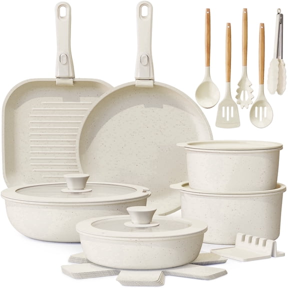 Astercook 22 Piece Pots and Pans Set Non Stick, Cookware Set with Detachable Handles, Oven Safe, Induction Ready, Stackable RV Kitchen Cooking Set, Cream White